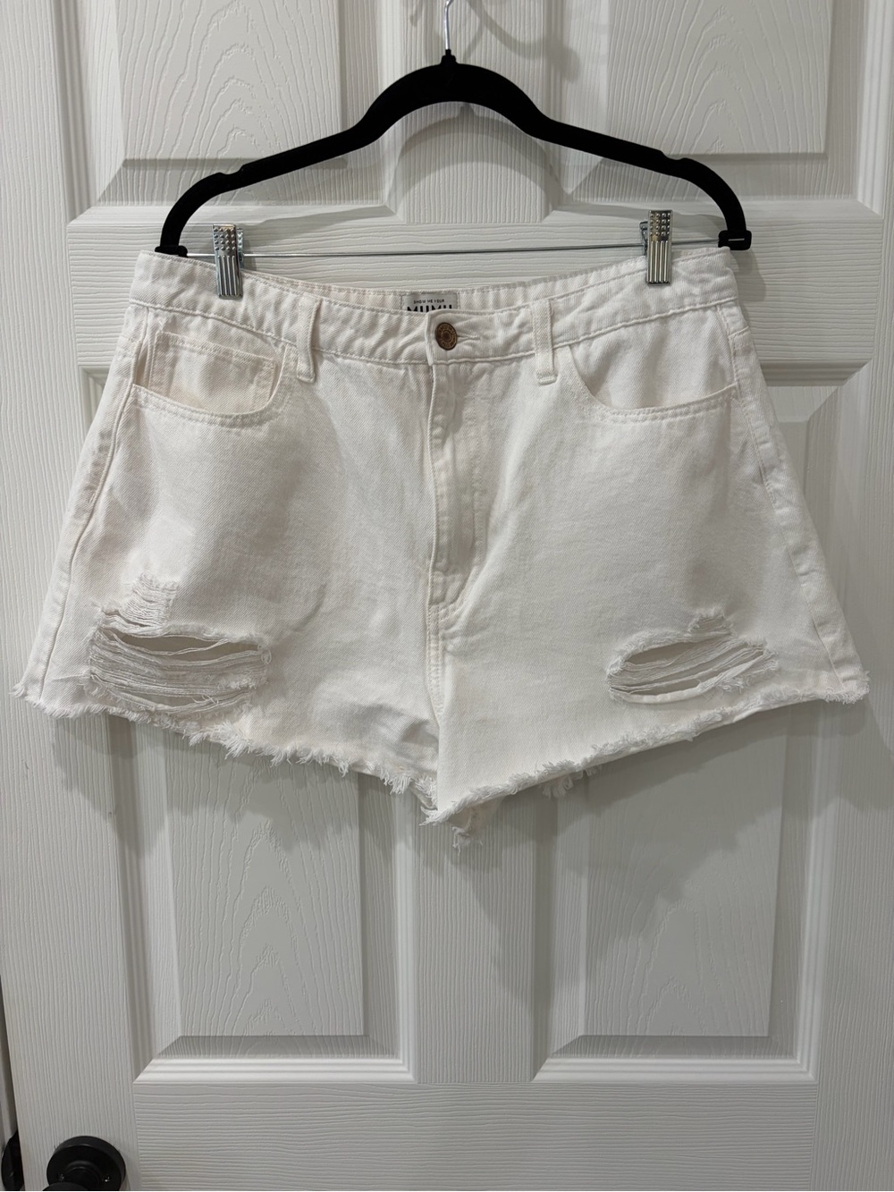 Show Me Your MuMu Philly Pinch Waist Distressed Denim Shorts in Seasalt/White